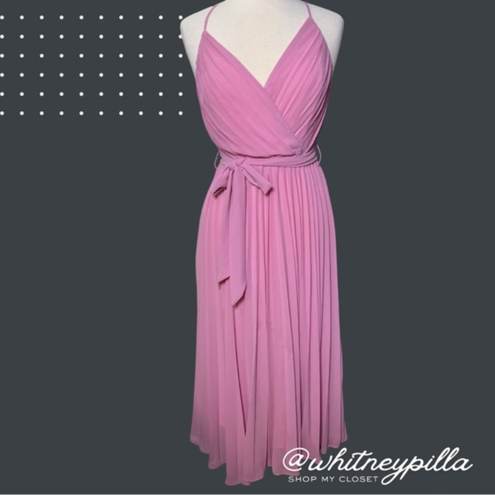 She+Sky Midi Dress bubblegum Pink Pleated Halter backless Tie Waist Flowy Medium